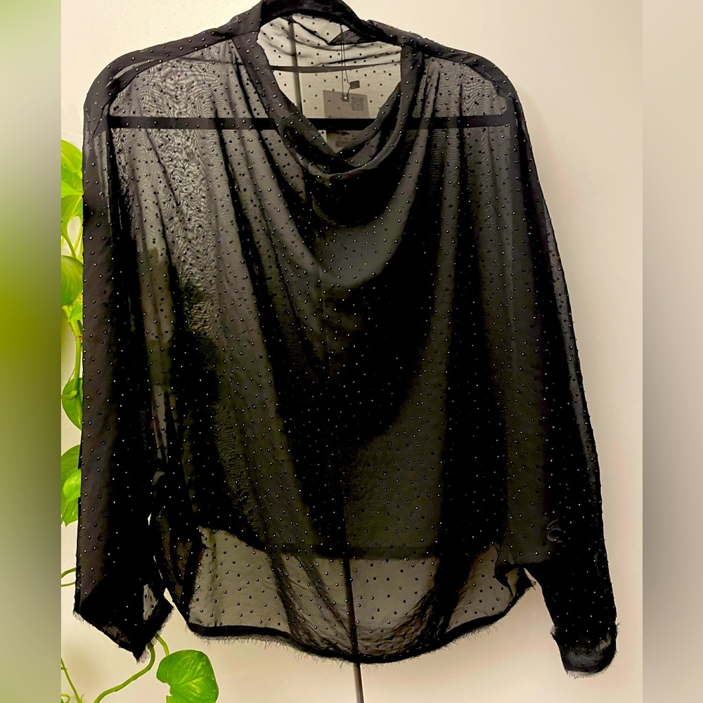 NWT Zara black sheer loose fit Diamante rhinestone short sleeve shirt Small